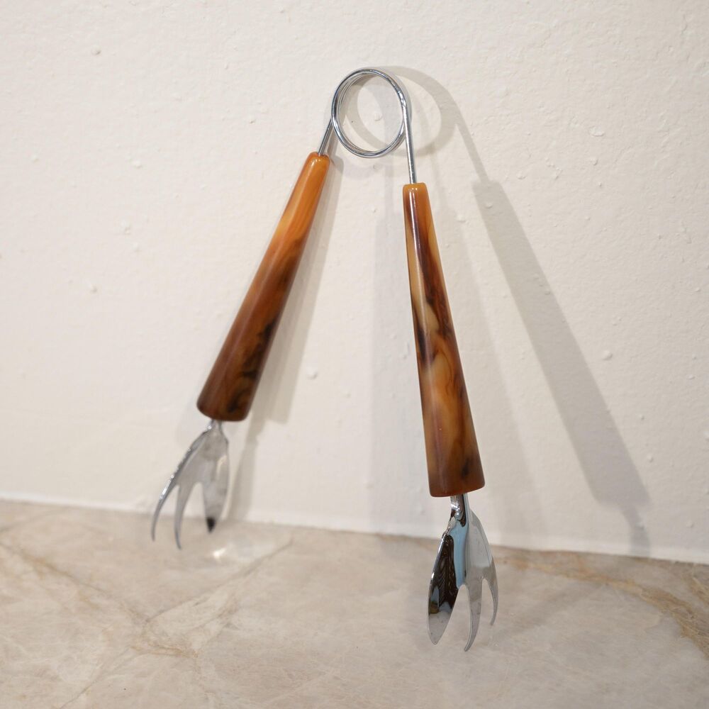 Vintage MCM Marbled Bakelite & Chrome "Claw" Ice Tongs